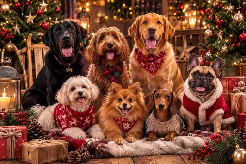 Seven dogs posing for a festive Christmas portrait with Christmas trees, wrapped presents, fairy lights and seasonal decorations.